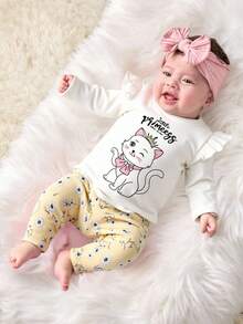 SHEIN 2pcs Newborn Baby Girl Outfit, Long Sleeve Knit White Ruffle Cute Cartoon Kitty Top And Pink Star Print Leggings Set, Suitable For Party, Home And Other Occasions Fall Winter - Yellow - View 1