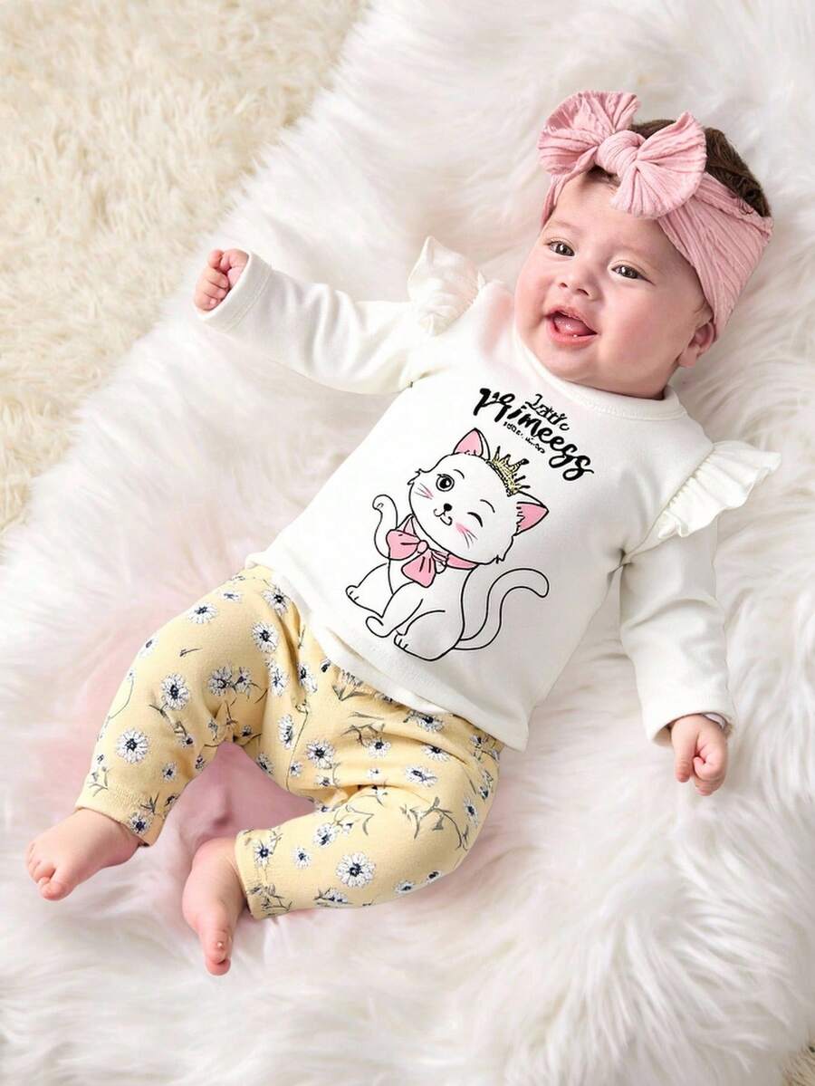 SHEIN 2pcs Newborn Baby Girl Outfit, Long Sleeve Knit White Ruffle Cute Cartoon Kitty Top And Pink Star Print Leggings Set, Suitable For Party, Home And Other Occasions Fall Winter - Yellow - View 1