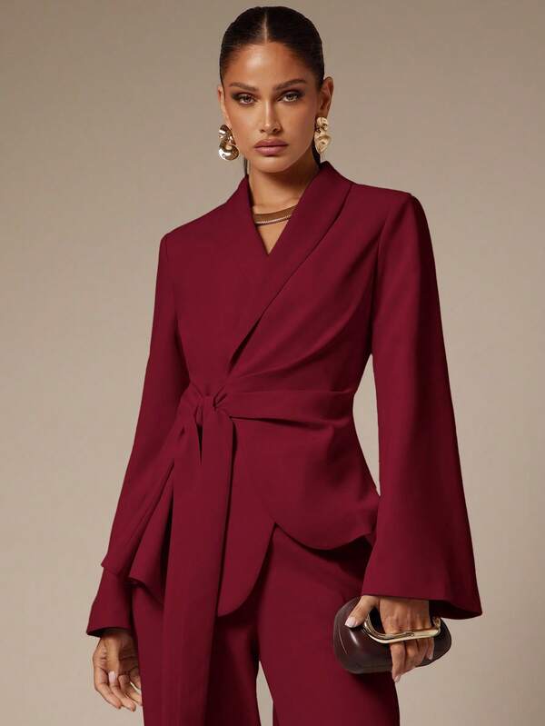 Silquee Fashionable Elegant Commuter Solid Color Tie-Wrap Blazer In Fall/Winter