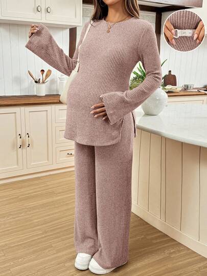 SHEIN 2pcs Maternity Set: Solid Color Bell Sleeve Side Slit Top And Pants 2 Pieces Maternity Set 2 Pieces Lounge Sets Woman Maternity Clothes Two Pieces Suits Comfortable Two Pieces Set Sweater Sets For Women