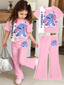 SHEIN Kawaii, Fall, Cute Cartoon Blue Rabbit Lulu, Pink Patchwork Print, Chill Chill, Young Girl Casual Minimalist Cartoon Pattern Round Neck Short Sleeve Top And Flare Pants 2 Pieces Set, Suitable For Summer, Outdoor Picnic, Outing, Street Style, Home, Bohemian - Multicolor - View 1