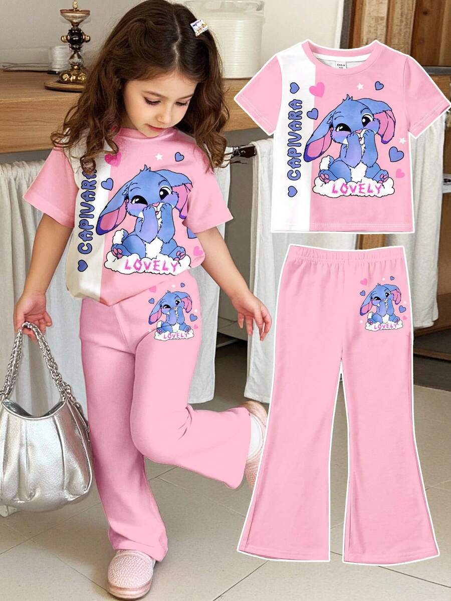 SHEIN Kawaii, Fall, Cute Cartoon Blue Rabbit Lulu, Pink Patchwork Print, Chill Chill, Young Girl Casual Minimalist Cartoon Pattern Round Neck Short Sleeve Top And Flare Pants 2 Pieces Set, Suitable For Summer, Outdoor Picnic, Outing, Street Style, Home, Bohemian - Multicolor - View 1