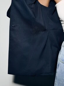 Lumivelle 纯色修身长袖前开衫，小圆领，开衩下摆，收腰，假口袋，金属纽扣，办公室，休闲，优雅，简约，奢华，通勤，知性，专业，春秋女士常规西装外套 - 藏蓝色 - 查看 8