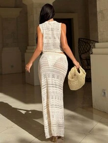 纯色透明圆领背心和裙子套装夏季