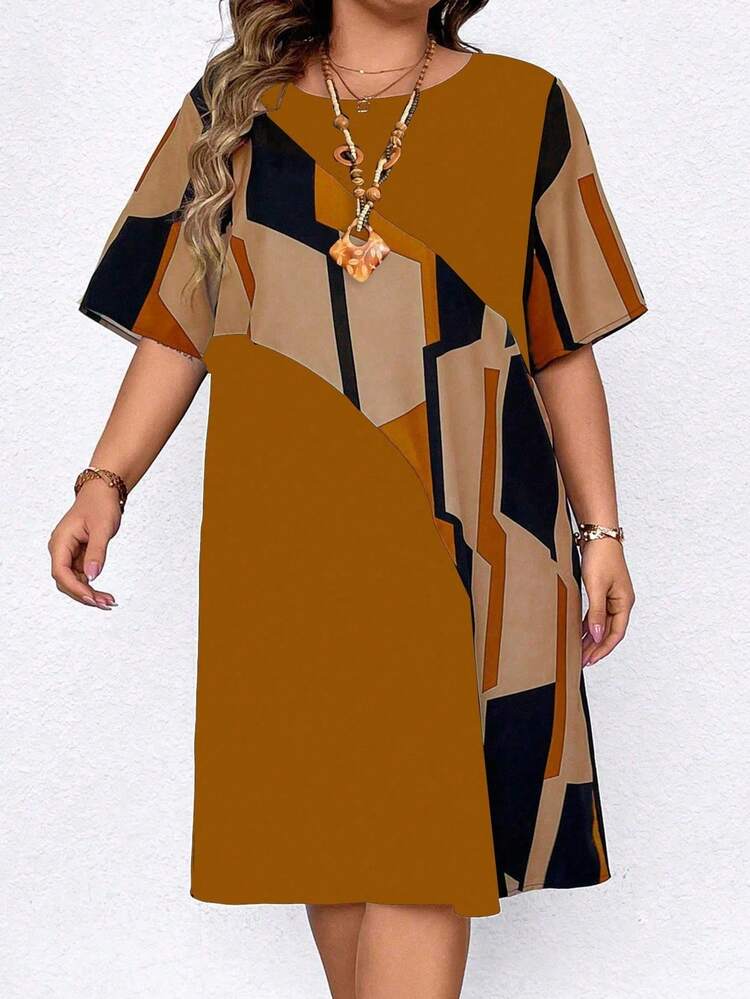 EMERY ROSE Vestido casual de manga corta con cuello redondo y estampado gráfico para verano en tallas grandes - Amarillo - Añade 1