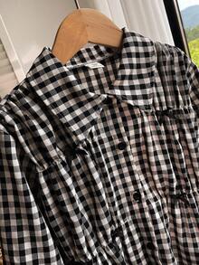 女童休闲时尚蝴蝶结装饰黑白格子面料百搭长袖衬衫，甜美春秋装 - 黑與白 - 查看 6