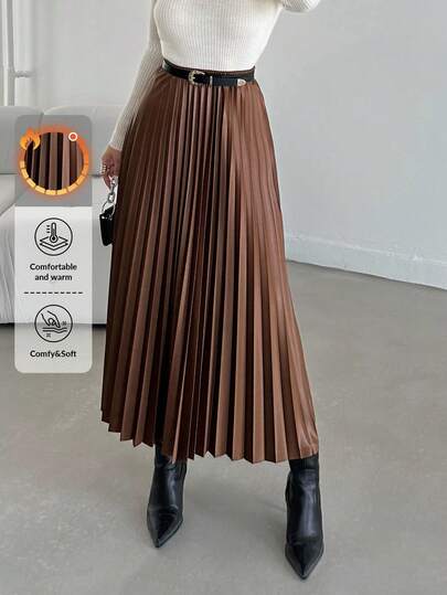 EURMUSE High Waist Pleated PU Leather Skirt Without Belt