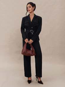 Modelyn Women's Elegant Solid Color Blazer And Pants Suit, Office Wear Autumn Winter Clothes For Women - Black - View 2