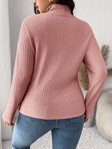SHEIN Frenchy Áo thun tay dài cổ lọ vải họa tiết cỡ lớn dành cho nữ, đa năng và thanh lịch - Hồng - Xem 2
