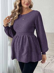 SHEIN Maternity Casual Solid Color Lantern Sleeve Sweater, Autumn/Winter - Purple - View 7