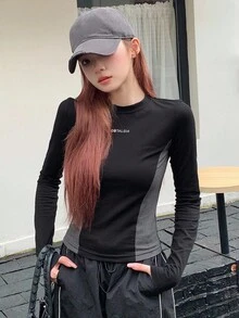 DAZY Áo thun họa tiết chữ Colorblock, quần áo thu dài tay cho nữ - màu đen - Xem 6