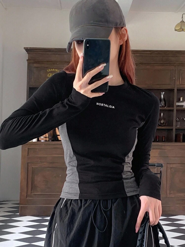 Letter Graphic Colorblock Tee,Fall Clothes Long Sleeve Women Tops