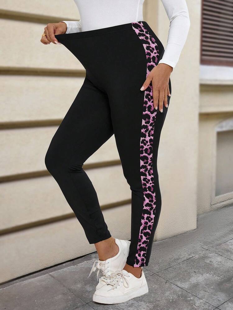 Plus Size Casual Everyday Leopard Print Patchwork Stretch Leggings, Autumn High Stretch Leggings Yoga Pants Leopard Print Leggings Leggings For Women Plus Size Leggings