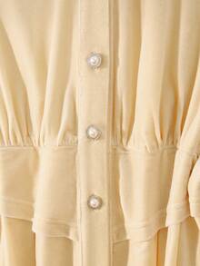 SHEIN Franclia Women's Elegant Delicate Gentle Puff Sleeve Splicing Faux Waist Decor A-Line Velvet Long Sleeve Blouse, Autumn/Winter - Apricot - View 7