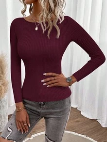 EMERY ROSE Casual Solid Color Slim Fit Sweater, Autumn,Fall,Christmas Sweater - Red Violet - View 3