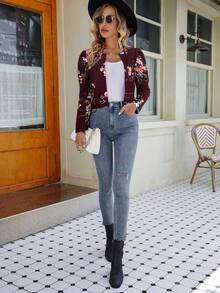SHEIN Clasi Floral Print Gigot Sleeve Cropped Cardigan In Fall/Winter - Burgundy - View 3