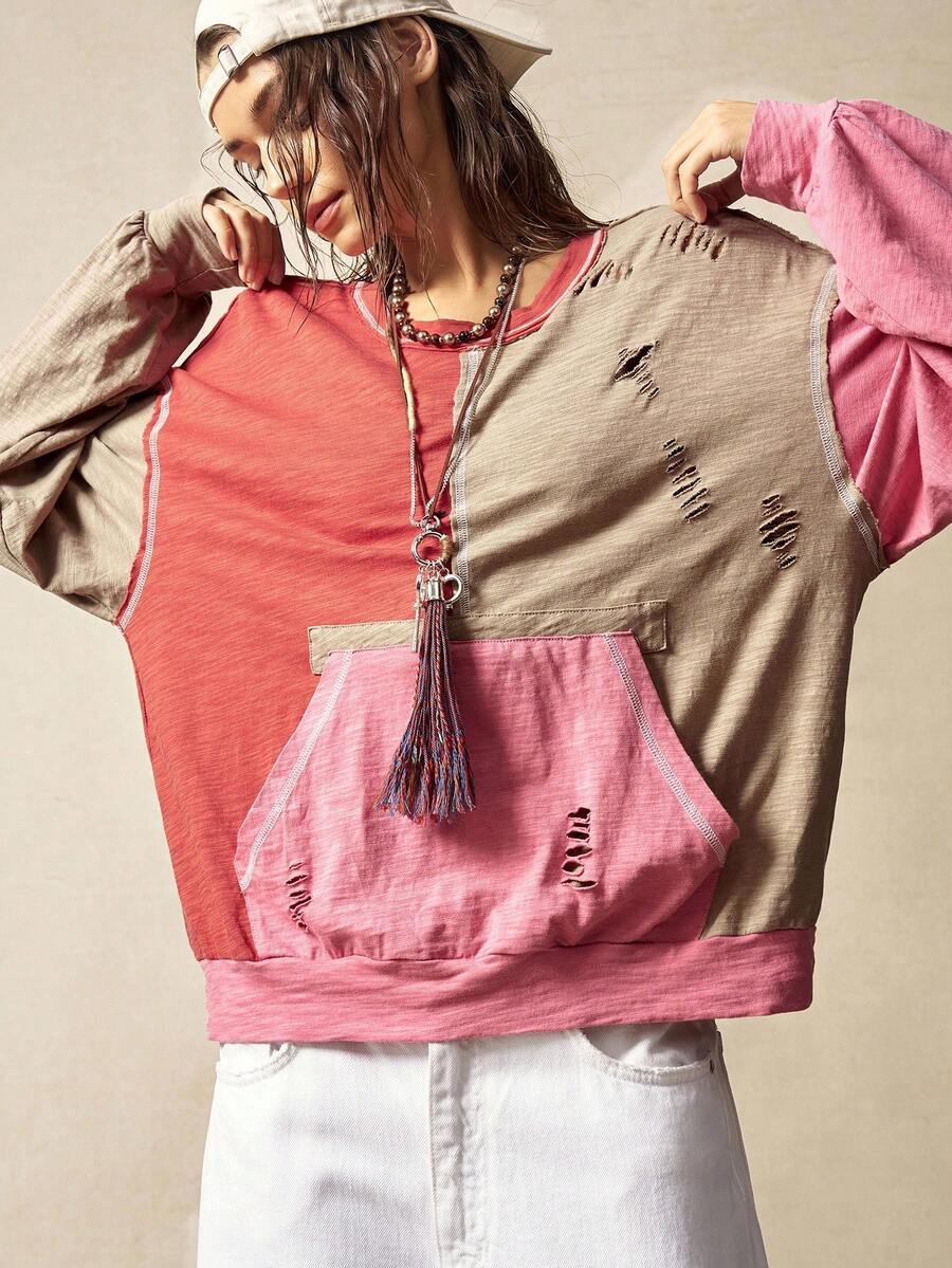 Bohemela Women's Grey And Pink Loose Washed Sweatshirt,Grunge Vintage Knit Patchwork Holes Detail Outerwear,Boho Western Country Style,Autumn Everyday Casual - Multicolor - View 1