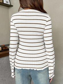 SHEIN Pregnant Women Striped Crew Neck Flare Sleeve Casual T-Shirt, Versatile For Autumn Long Sleeve Top Striped Long Sleeve Top Women Striped Top Striped Maternity Top Bell Sleeve Top - Brown - View 2