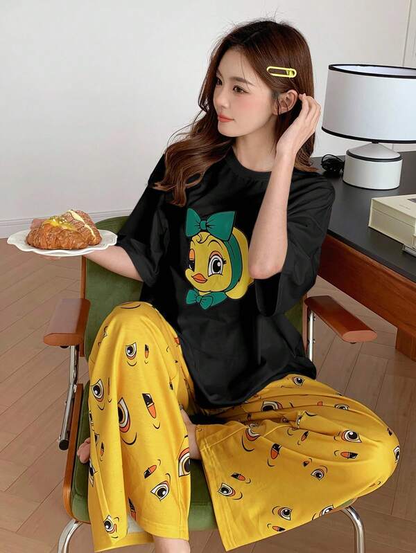 DAZY Cute Cartoon Printed Loose Casual Summer T-Shirt And Pants Pajama Set