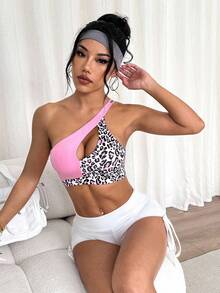 Slayform Damen Sport-BH mit Leopardenmuster, asymmetrischem Kragen und bügellosem Bügel, Cut Out