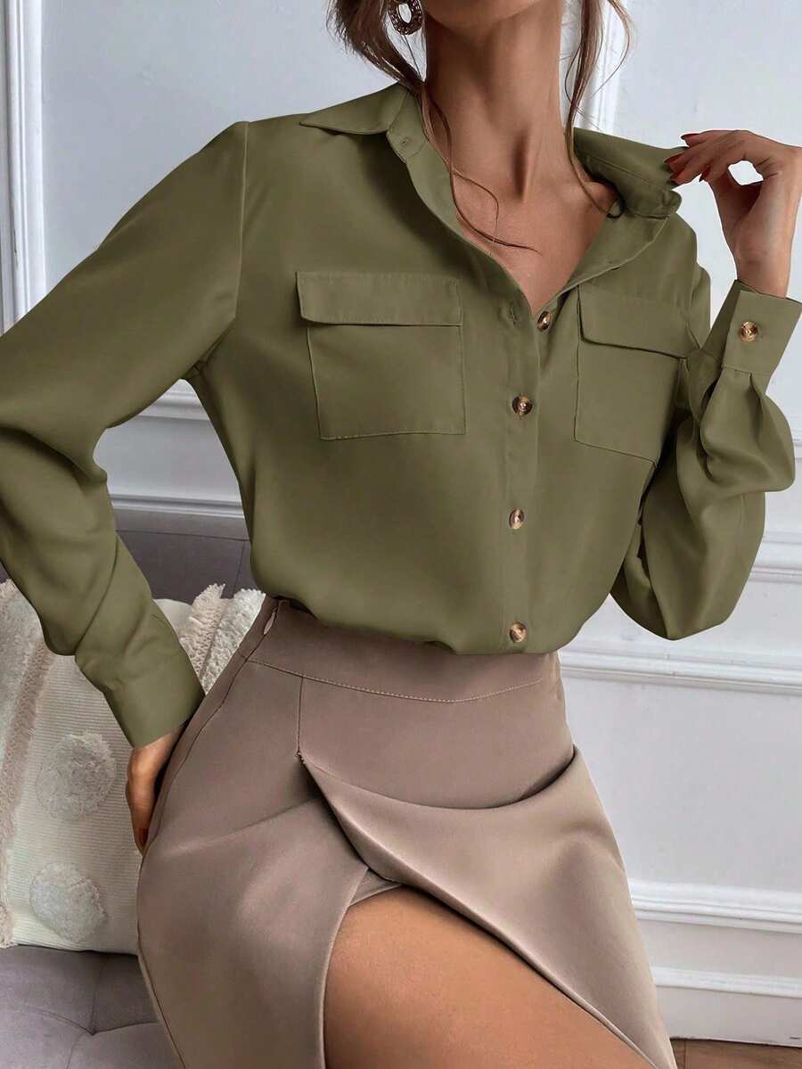 EMERY ROSE Plain Front Button Pocket Casual Long Sleeve Shirt - Army Green - View 1