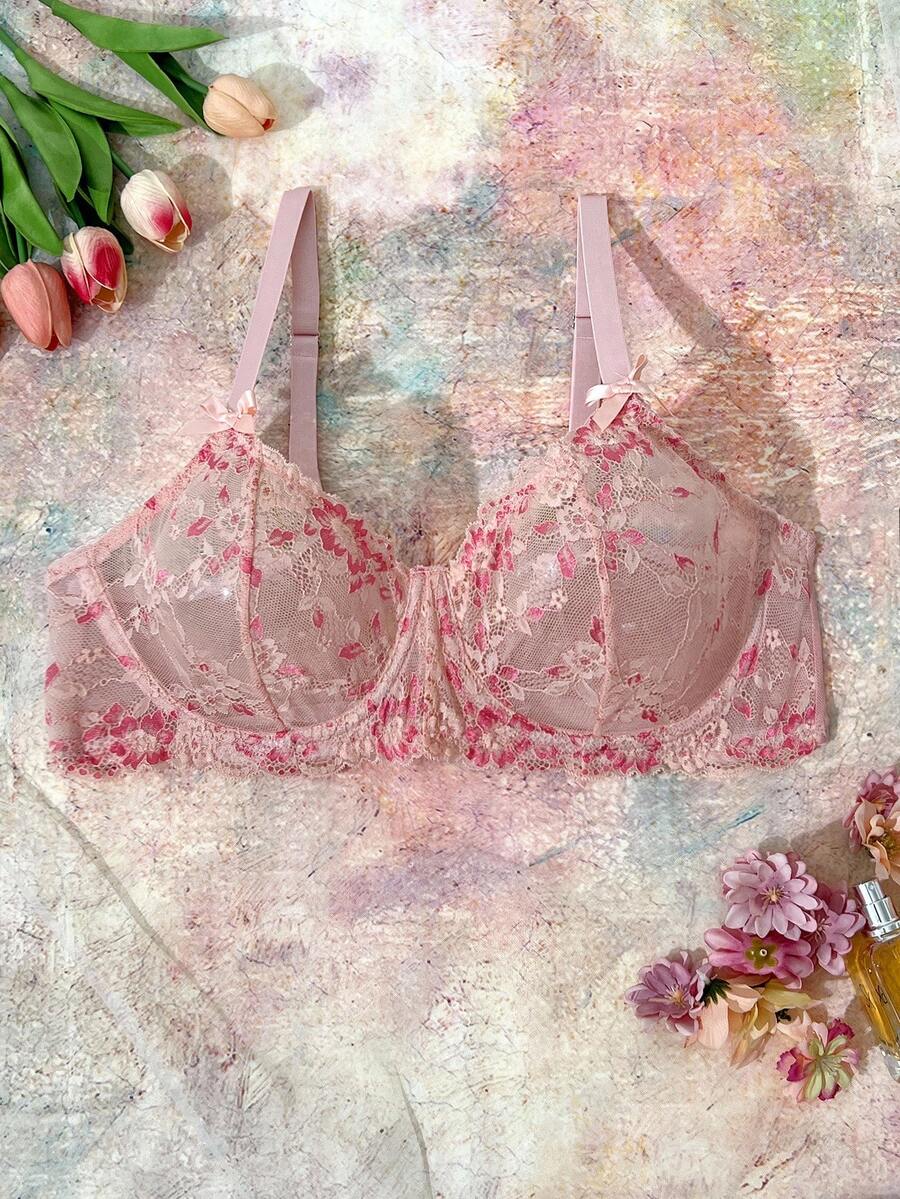 FloralLove لانجري جميل بحمّالة حجم كبير مطرزة بالدانتيل و بعقدة, صدرية بدون أسلاك