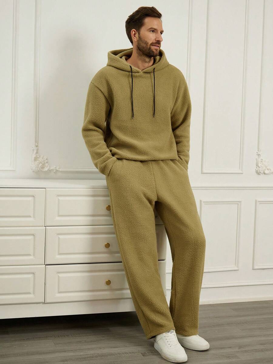 Manfinity Homme Men's Plush Fabric Drop Shoulder Hoodie And Loose Fit Pants Set, Fall Clothes - Army Green - View 1