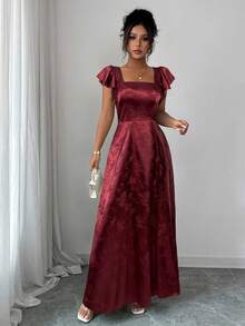 Elenzga 女式方领荷叶边袖收腰连衣裙，下摆开衩，绿色提花面料，通勤、日常、伴娘、舞会、毕业典礼等场合皆宜，舒适时尚，魅力十足 - 酒紅色 - 查看 3