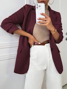 Chiquease 休闲百搭通勤纯色常规肩部西装外套 - 酒紅色 - 查看 3