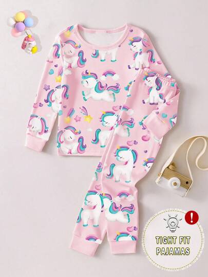 Young Girls Pajamas 2pcs Set, Cute Cartoon Unicorn & Rainbow All-Over Print, Comfortable Long Sleeve Top And Pants, Snug Fit Sleepwear Snug Fit Tight Fit Pajamas Fall Winter