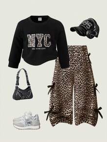 SHEIN 2pcs Baby Girl Casual Commuter Fashion Slogan Leopard Print Letter Sweatshirt And Bow Decor Elastic Waist Loose Wide Leg Pants Set Fall Winter - Black - View 1