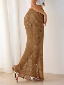 SHEIN Tall Váy len dáng đuôi cá ôm sát, màu trơn cổ điển, phong cách thường ngày và thời trang, thích hợp cho mùa xuân/hè/váy maxi/dự tiệc/đi biển. - màu nâu - Xem 6