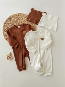 SHEIN Newborn Ribbed Crew Neck Long Sleeve Zipper Casual Jumpsuit Baby Zipper Jumpsuit Ribbed Baby Jumpsuit Newborn Zipper Suit Baby Clothes Unisex Baby Bear Jumpsuit Fall Winter - Multicolor - View 8