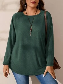 EMERY ROSE Plus Size Round Neck Long Sleeve Casual Loose Soft Appealing Winter T-Shirt,Fall Clothes - Dark Green - View 4