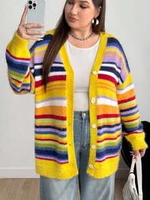 Enliva 大码女式长袖开衫，彩色条纹针织毛衣，秋冬女装 - 彩色 - 查看 8