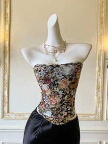 SHEIN MOD Áo hai dây họa tiết hoa lưới thời trang dành cho nữ - màu đen - Xem 5