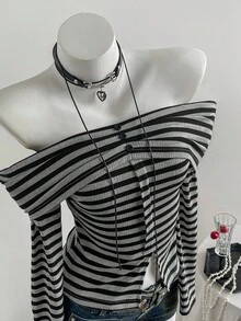 Elamini Grey Black & White Ribbed Texture Off Shoulder Ruched Long Sleeve T-Shirt,Grunge Button Decor Front Split Fitted Top,Autumn Night Out Minimalist Tee - Black - View 5