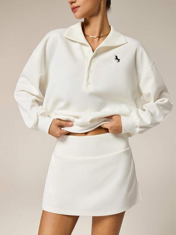 Hanevo Women's Casual Sporty Solid Color Sweatshirt And Mini Skirt 2 Pieces Set, Embroidered Polo Collar Button Half-Zip Raglan Sleeve Sweatshirt And High Waist High Slit A-Line Mini Skirt