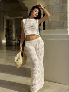 纯色透明圆领背心和裙子套装夏季