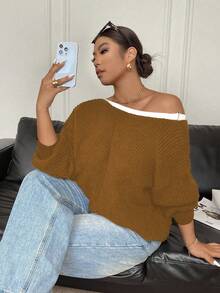 Elenzga Plus Size Women Casual Bowknot Crew Neck Long Sleeve Sweater, Autumn/Winter - Mustard Yellow - View 4