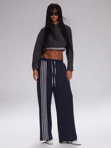 MUSERA Stripe Detail Wide Leg Joggers Cute Casual Streetwear Sporty Work Wear Corporate Run Winter Summer - Royal Blue - View 2