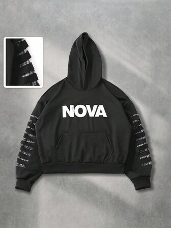 Street Life Men's Street Style Distressed Patchwork Plaid Hoodie, Loose Cropped Fit, Fall