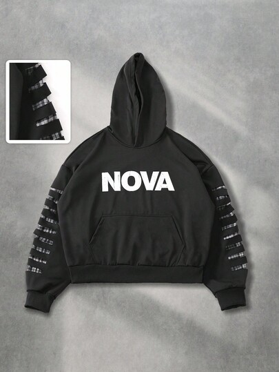 Street Life sweat-shirt à capuche style urbain pour hommes, patchwork déchiré à carreaux, coupe ample et courte, automne