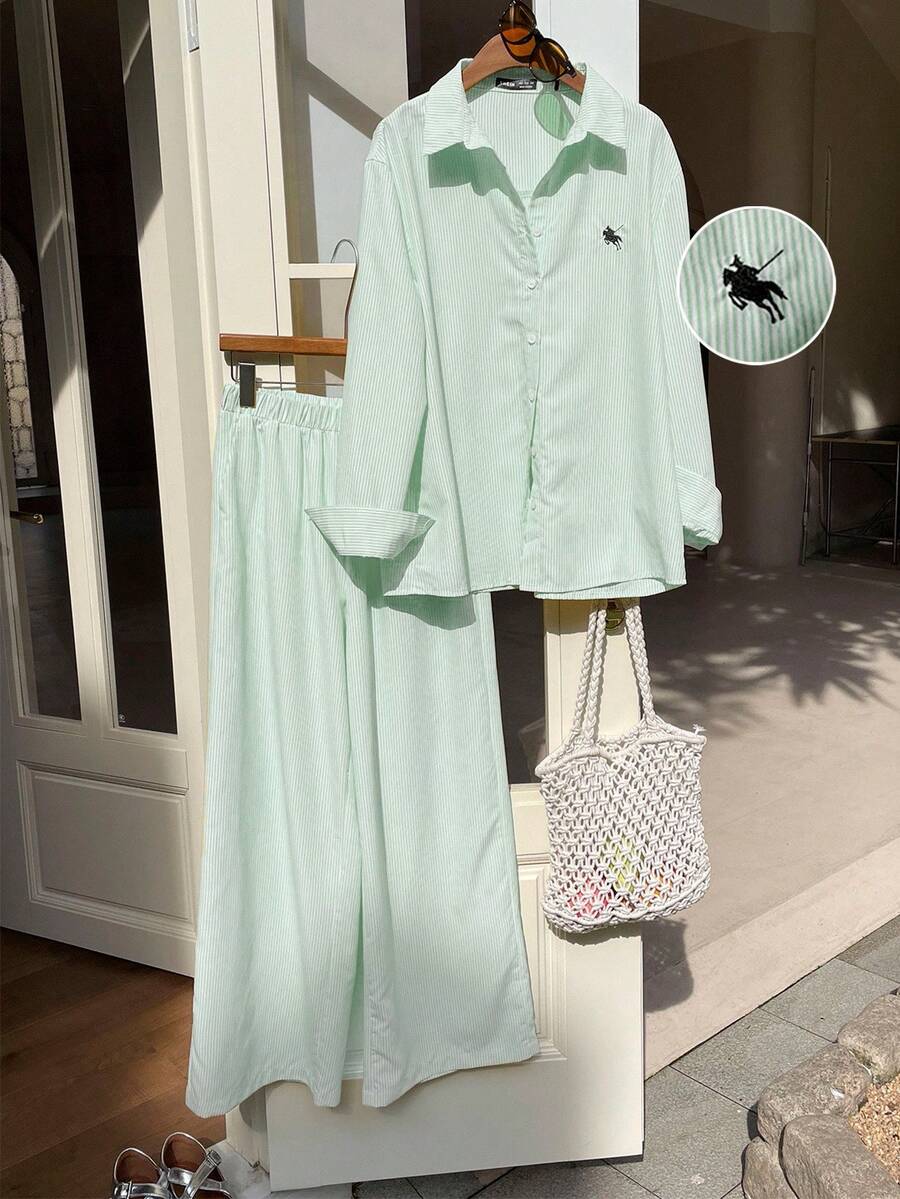 Comfortcana 女士新款条纹刺绣宽松上衣和裤子套装 - 綠色 - 查看 1