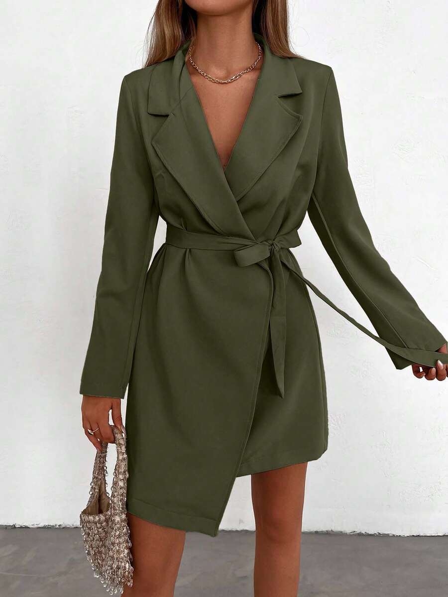 EURMUSE 简约纯色长袖腰系带连衣裙，适合商务/通勤 - 軍綠色 - 查看 1