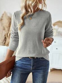 EMERY ROSE Áo thun nữ dáng rộng, cổ tròn, tay dài, kẻ sọc, thích hợp mặc mùa thu xuân. - Màu be - Xem 6