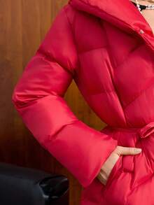 EURMUSE Women Solid Color Belted And Pocket Detailed Long Winter Coats - Red - View 5