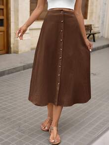 Brillora Women's Basic Cotton Button Front Skirt, Everyday Fashion - Coffee Brown - View 5