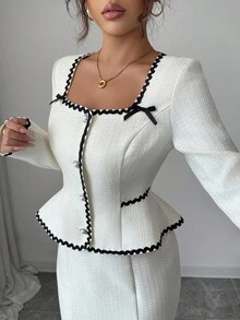 Elenzga Elegant Collared Contrast Ruffle Butterfly Button Decor Fitted Jacket, Contrast Ruffle Mermaid Hem Skirt - Apricot - View 7