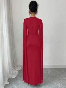 Rafferiza 女士刺绣金色编织腰带 V 领收腰开衩袖修身披肩领连衣裙 - 酒紅色 - 查看 2